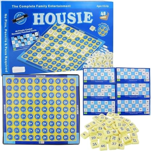 Image of Housie Game Set for Family Entertainment - 48 Reusable Plastic-Coated Cards, 1-90 Number Board, 90 Number Tiles, No Pens or Pins Required - Classic Tambola Board Game for Kids & Adults
