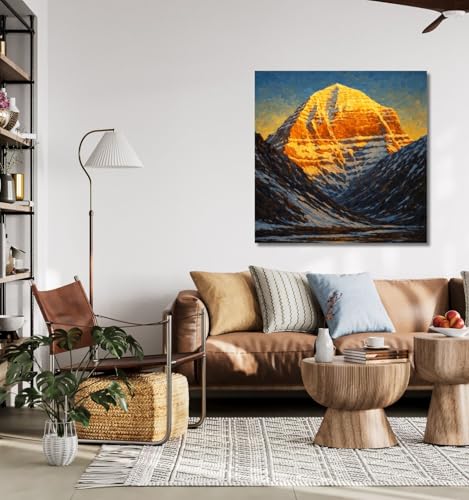 Image of Kunj Cart Mount Kailash Painting | 10+ DESIGNS | Kailash Parvat Canvas Painting for Living Room, Temple Home & Office Wall Decoration (Golden Kailash Mountain, 12x12 Inch, Framed)