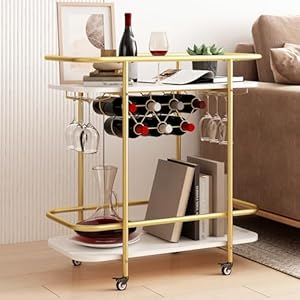 MORITIA Gold Bar Cart with 4 Wheels 2 Tier Rolling Drink Trolley Beverage Serving Cart for Entertaining, Mobile Wine Cart with Handles Drink Cart for Kitchen, Dining Room, Living Room, Party MORITIA Gold Bar Cart with 4 Wheels 2 Tier Rolling Drink Trolley Beverage Serving Cart for Entertaining Mobile Wine Cart with Handles Drink Cart for Kitchen Dining Room Living Room Party