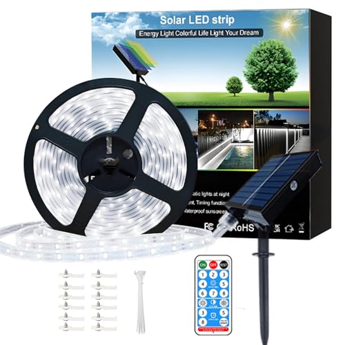 Meewata Striscia luminosa a LED solare da 6 m, impermeabile, con autoadesivo, 8 modalità con timer remoto, perfetta per terrazza, patio, sentieri, decorazioni da campeggio, bianco freddo