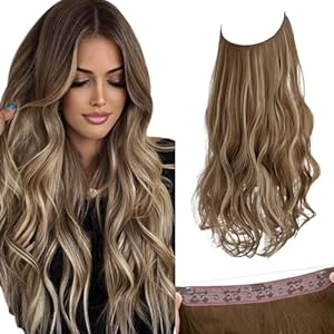 SARLA Invisible Wire Hair Extensions with 3 Clips Long Synthetic Wavy Curly Hairpiece Adjustable Transparent Headband for Women 22 Inch Ash Medium Brown/Ash Blonde Highlights