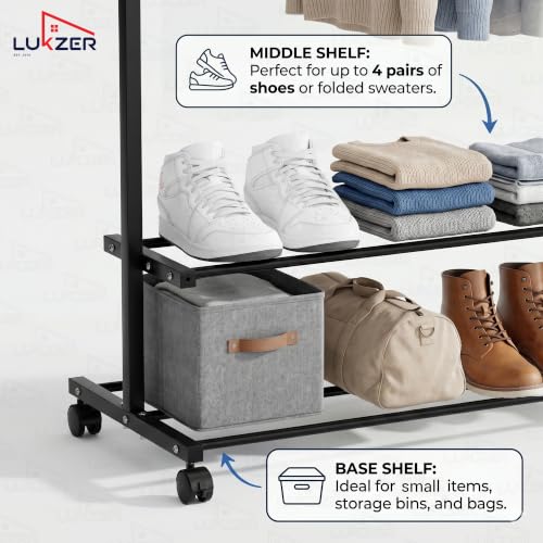 Image of Lukzer Single Rod Metal Garment Rack with Wheels & 2 Bottom Shelves, Portable Clothes Stand /Coat Hanger Rack with Shoe Storage for Bedroom, Entryway & Open Wardrobe (Black /109x34x162 cm)