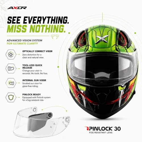 Image of Axor Apex Venomous ISI ECE DOT Certified Full Face Dual Visor Helmet for Men and Women with Pinlock Fitted Outer Clear Visor and Inner Smoke Sun Visor Black Neon Green(XL)