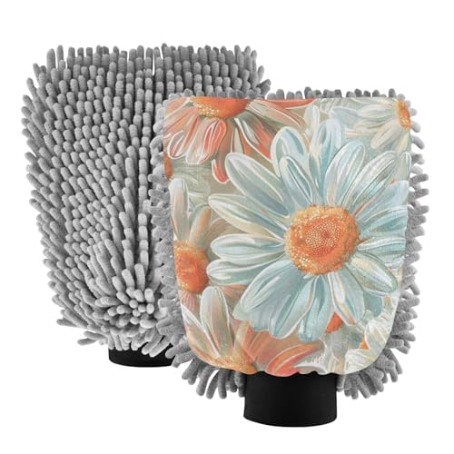 IOACIY Absorbent Microfiber Car Wash Drying Mitts, 2 Pack, Scratch-Free & Lint-Free, Rich Foam, Highly Absorbent, Double Sided, Wash Mitt Perfect for Car Washing, L, Daisy (2)