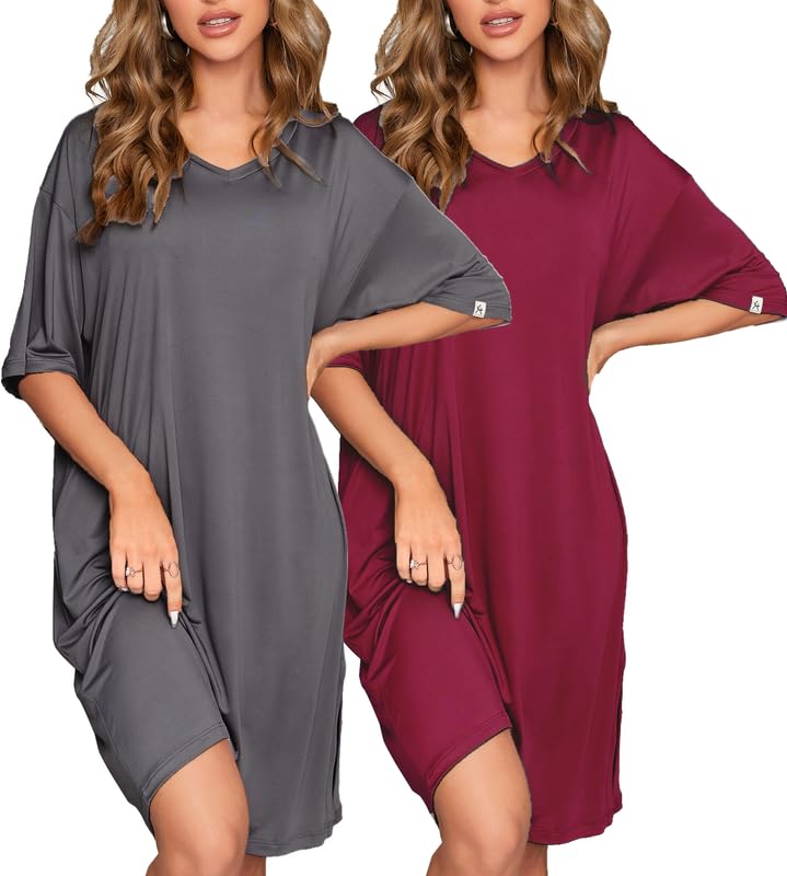 Image of ft FENTENG 2-Pack Women's Nightgowns Short Sleeve Nightshirt V Neck Soft Sleepwear Casual Sleepshirts Loose Pajama Dress