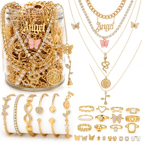 Image of Mystery Jewelry Jar Bundle - 65 - 70 premium quality Jewelry Box for Women Gift Set, Unique Birthday Gift for Her (earrings - rings - gold necklace stack - gold bracelet stack - anklets - waist chain