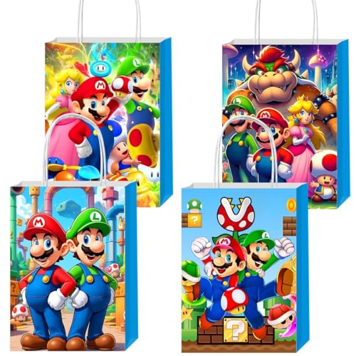 VAESCOL 12pcs Mario Gift Bags Goodie Bags with Handles for Mario Themed Birthday Party Decorations Supplies