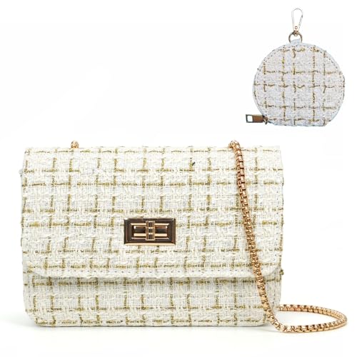 Image of Tweed Clutch Purse Women Fashion Evening Bag Handbag Boho Tweed Envelope Wallet Fold Over Chain Crossbody Shoulder Bag