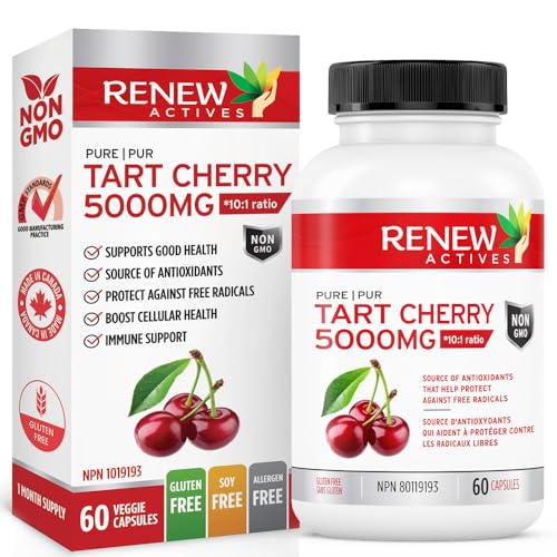 Renew Actives Tart Cherry Extra 5,000mg per Serving (2 Capsules) – Powerful Antioxidant to Fight Free Radicals & Promote Wellness – 60 Easy-to-Swallow Capsules – Made in Canada