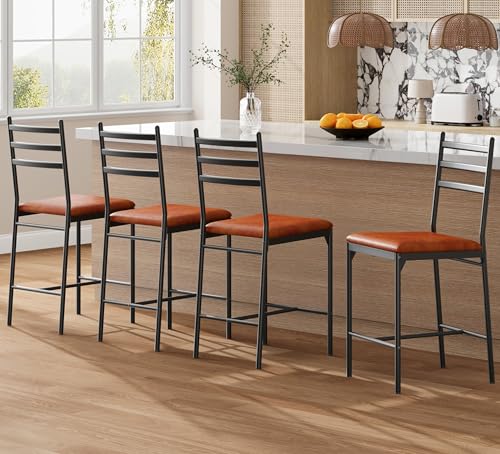 Garvee Bar Stools Set of 4, Counter Height Bar Chairs with Back and Thick Cushion, Upholstered Dining Chairs with Padded Seat, Barstools for Kitchen Island, Bar, Dining Room, Retro Brown