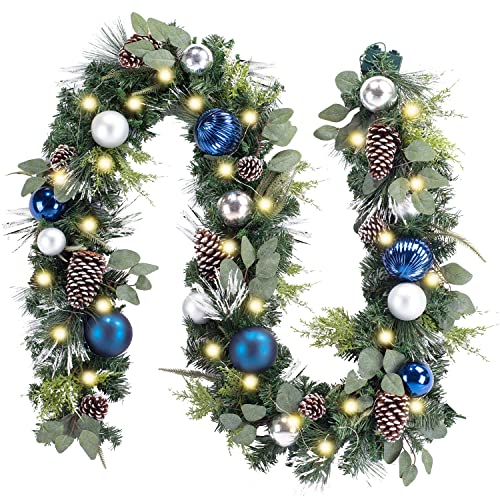 Wanna-Cul Pre-Lit 9 Feet/108 Inch Christmas Garland With Lights For Front Door Silver Blue Lighted Christmas Mantel Garland Decoration With Ball Ornaments, Pine Cones, Battery Operated 50 Led #TOP5