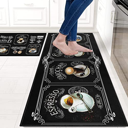 Faptoena Black Coffee Kitchen Rugs And Mats Set Of 2 Coffee Cup Latte Mocha Art Decoration Non Slip Super Absorbent Kitchen Sink Mats Waterproof And Washable Runner Rugs For Laundry Room #TOP2