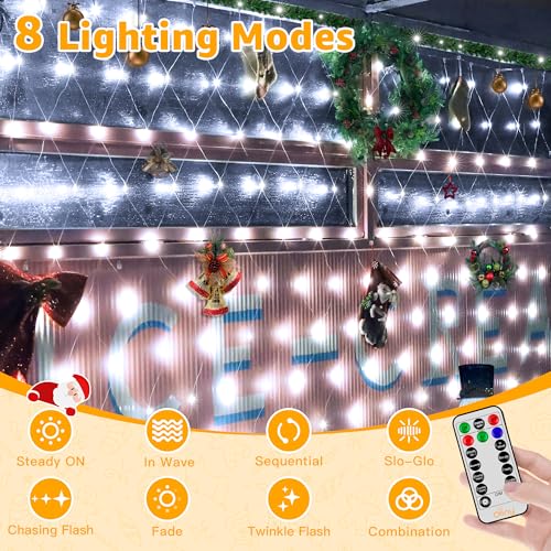 Ollny Net Lights Outdoor Mesh Lights IP67 Waterproof, 210LED 10x7ft Cool White Christmas Net Lights, Connectable Remote 8 Modes Tree Light for Bushes Shrubs Lawn Indoor Decorations - Thumbnail 3