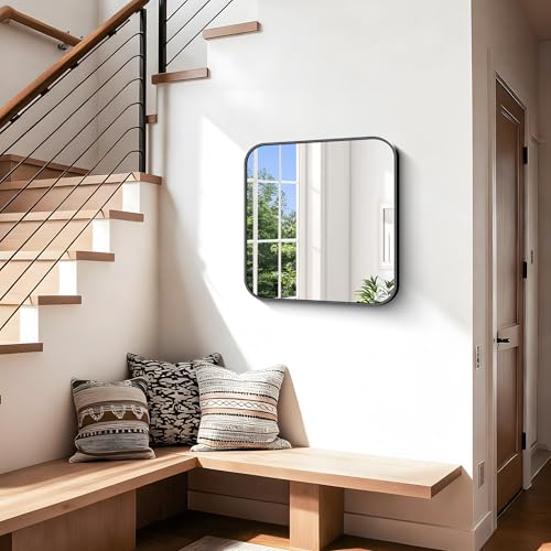 Image of Black Bathroom Mirror, 18 x 18 inch Square Mirrors for Wall, Metal Frame Rounded Corner Vanity Mirror for Over Sinks Modern Bedroom Living Room Horizontal Or Vertical Mounting