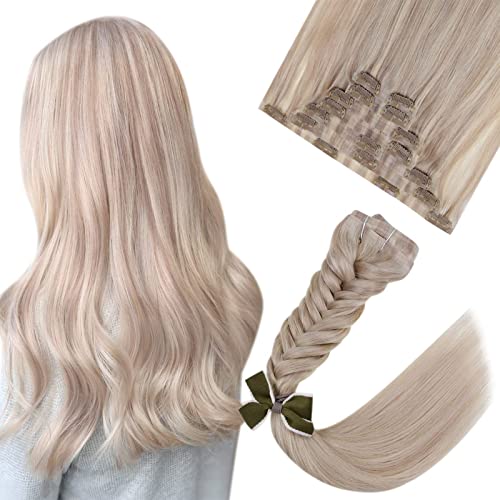 Easyouth Invisible Clip in Blonde Hair Extensions Human Hair Ash Blonde Highlighted Bleach Blonde Seamless Hair Extensions Clip ins 20 Inch 100g 7 Pieces