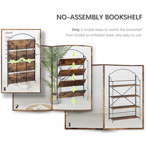 Image of 4NM No Assembly Folding Bookshelf for Living Room, 4 Tiers Collapsible Book Shelves Open Industrial Foldable Bookcase Storage Shelf for Home Office - Rustic Brown Black