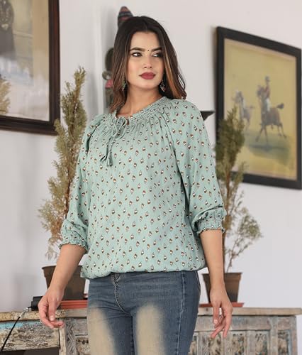 Image of Himanshi Enterprises Women's Traditional 3 /4 Sleeves Mandarin Nack Rayon Floral Printed Short Kurti