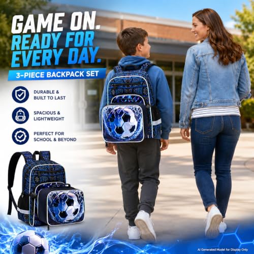 Image of HPJGD 3PCS Backpack for Kids, 17 inch Boys Soccer Preschool Bookbag Set with Clip-On Lunch Box, Water-Resistant School Bag for Elementary - Thrash Net Soccer