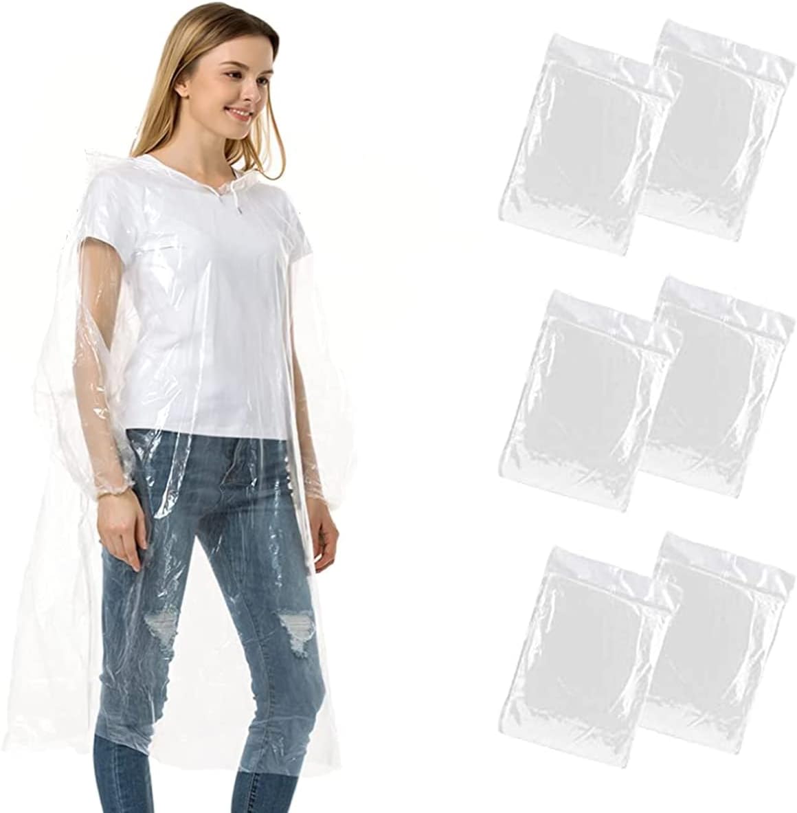 KoqitPack of 6 Rain Poncho with Hood, Poncho Raincoats Waterproof Rain Jackets, Rain Cape Disposable for Festivals, Cycling - Transparent, White, One Size, transparent, S/XL
