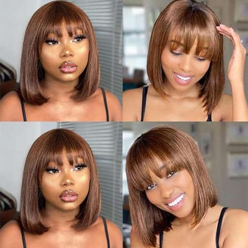 Chocolate Brown Straight Bob Wig Human Hair Short Straight Human Hair Wigs with Bangs Brazilian Straight Wig with Bangs None Lace Front Wigs For Black Women 14Inch - Image 2