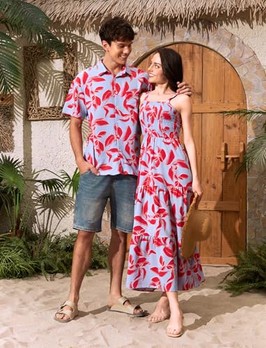 Image of PATPAT Couples Matching Hawaiian Outfits: Beach Vacation Tropical Print Women Spaghetti Strap Maxi Dress or Men Cruise Shirt