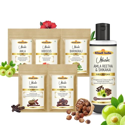 Image of Khadi Amla, Bhringraj, Shikakai, Reetha, & Hibiscus Hair Growth Powder with Amla Reetha and Shikakai Shampoo Combo | 100% Natural Herbal Hair Care | Controls Hair Fall & Boosts Volume - 710GM (Pack of 6)