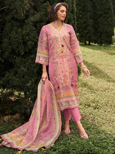 Image of INDO ERA Women's Straight Linen Floral Printed Kurta & Pant with Dupatta Set | Kurta Sets For Woman