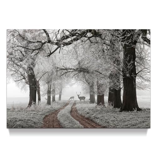 Winter Scene Canvas Wall Art: Nature Forest Landscape Prints White Snowy Trees Painting Wildlife Picture Elk Artwork for Living Room Bedroom Home Office