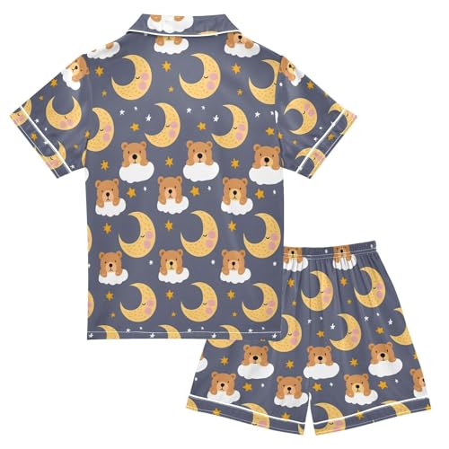 ALAZA Bear Moon Night Starry Pajamas Satin Pajama Set Short Sleeve Button Down Sleepwear2