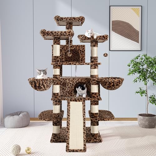 Image of Allewie 68 Inches Cat Tree /House and Towers for Big Feline /Scratching Post /Multi-Level Large Kitty Climbing Tree with Condo /Leopard Print