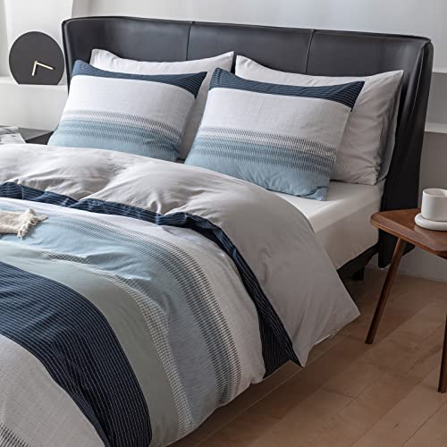 Image of EAVD Cotton Duvet Cover Full Size White Grey Blue Striped Bedding Set with 2 Pillowcases Modern Geometric Striped Duvet Cover with Zipper Closure