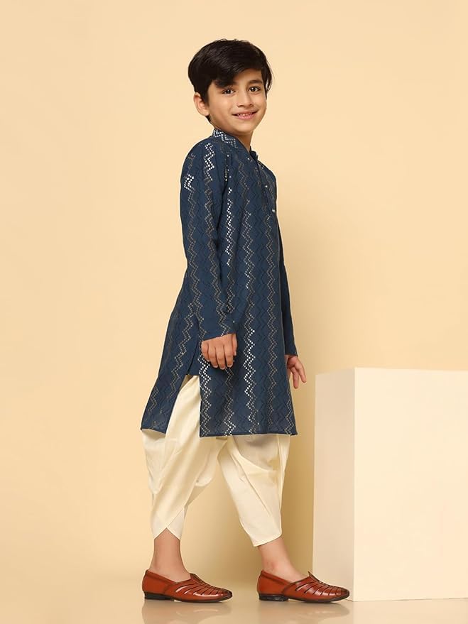 Image of KISAH Boy's Navy Blue Embroidered Cotton Kurta with Mirror Work - Full Sleeves, Knee Length, Regular Fit | Traditional Indian Festive Wear