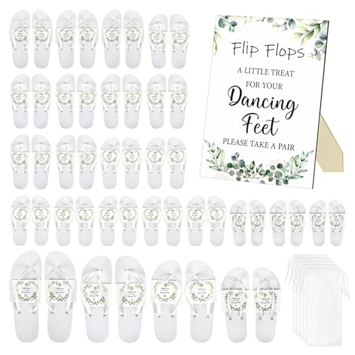 24 Pairs Wedding Flip Flops Bulk Gifts for Guests, Wholesale Sandals with Size Cards Drawstring Bags and A Wedding Sign for Pool Beach Dancing Party