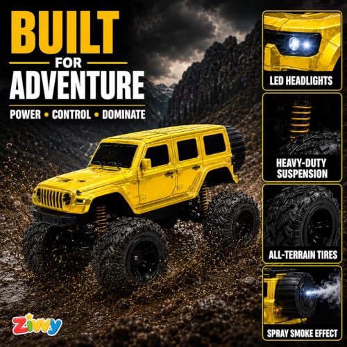 Image of Big Yellow Remote Control Car Toy | Thar Roxx | Smoke and LED Light | Monster Truck Remote Control 4x4 | Rechargeable Car | 2.4G Remote Control | High Speed |100m Range | Birthday Gift for Kids