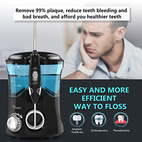Water Flosser Teeth Cleaner, Ovonni Dental Electric Oral Irrigator with 8 Jet Tips For Braces, Implants, Bridges, 10 Pressure Settings and 600ML Capacity for Whole Family (Black)