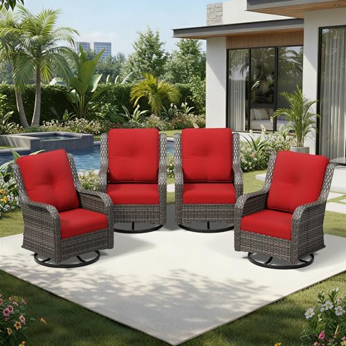 Image of Joyside 4 Piece Outdoor Swivel Rocker Patio Chairs, Wicker Patio Furniture with High Back, Deep Seating, Wide Armrest, Thickened Cushions, Outdoor Rattan Furniture for Deck, Porch Use