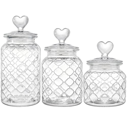 Image of Hiceeden Set of 3 Cute Glass Jars with Airtight Lids, Candy & Cookie Food Storage Containers with Heart-shaped Handle, Glass Canister with Grid Texture for Coffee Beans, Flour, Sugar, 22 /32 /45oz