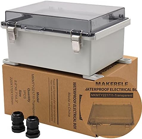MAKERELE Grey Junction Box ABS Plastic Dustproof Waterproof Electrical Boxes Hinged Shell Outdoor Universal Project Enclosure with Clear Cover 8.6×6.7×4.3 inch (220×170×110mm)