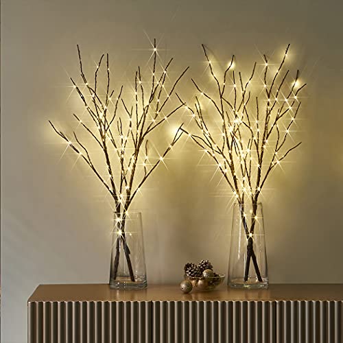 Fudios Branch Lights Battery Operated with Timer 32IN 100 LED , Fake Willow Branches with Fairy Lights for Vase, Lighted Twig Tree Branches Indoor Outdoor Christmas Party Home Decor 2 Set