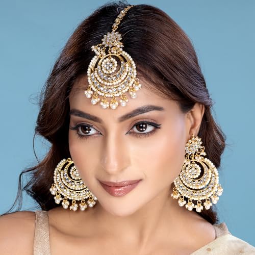 Image of Peora Traditional Jewellery Rhodium Kundan & Pearl Maang Tikka Earring Set for Women Girls