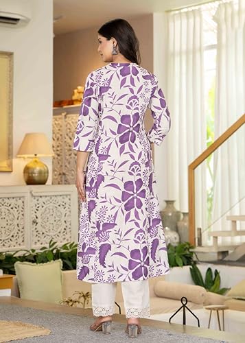 Image of Pistaa's Women's Floral Print A-Line Kurta with Lace Palazzos