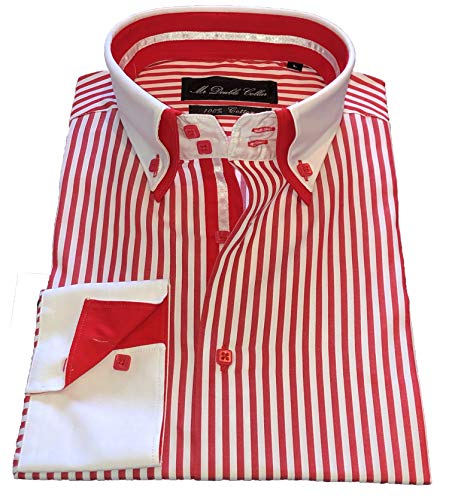 MrDoubleCollar Chemise à rayures fines pour homme - Style italien - Rouge et noir - Col double - Manches longues - - Medium