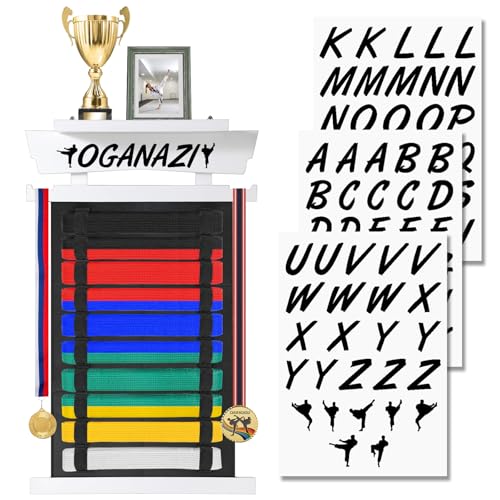 OGANAZI 10 Belts Karate Belt Display Rack with Personalized Stickers, Taekwondo Belt Display Holder...