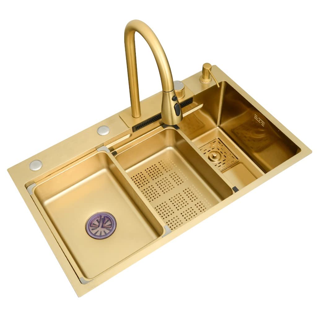 ZQFHSX Single Bowl Commercial Hotel Restaurant Golden Sink Kitchen Stainless Steel Bar Counter Vegetable With Cutting Board, Draining Basket (Color : Gold, Size 75 * 45 22cm)