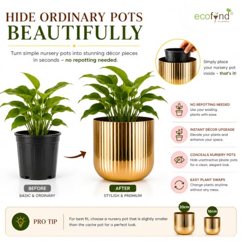 Image of ecofynd 2 Pack Metal Plant Pots (8 inch, 6.3 inch), Indoor Small Planter Flower Pots, Home Garden Decor Planter for Living Room Bedroom Interior (Gold Finish, POT047)