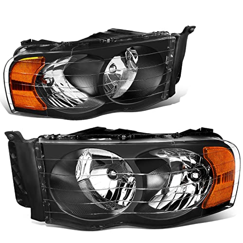 DNA MOTORING Pair Headlights Compatible with 02-05 Dodge Ram 1500 2500 3500 Left & Right Black Housing Amber Corner HL-OH-DR02-BK-AM