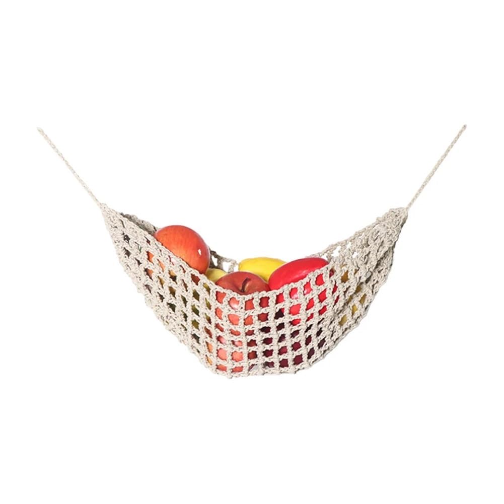 Shungong Macrame Fruit Veggie Hammock Under Cabinet Hanging Banana Storage Kitchen Decor(Crocheted rice white)