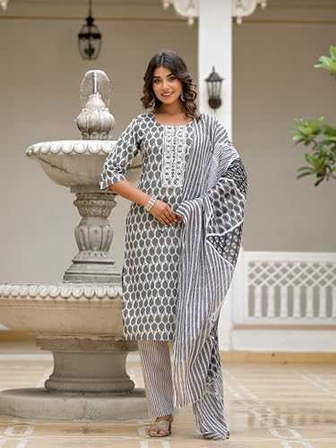 Image of Juniper Grey Ethnic Motif Printed Cotton Kurta, Pant And Dupatta Set With Thread & Mirror Work