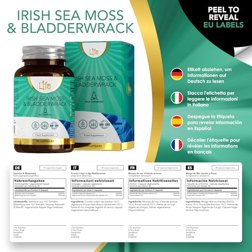 LN Sea Moss & Blasentang | 90 Blasentang und Sea Moss Kapseln – 1000mg Seemoos & 1000mg-Blasentang pro Portion | Hochdosiertes Jod Nahrungsergänzungsmittel | Gentechnik-, Gluten- und Milchfrei