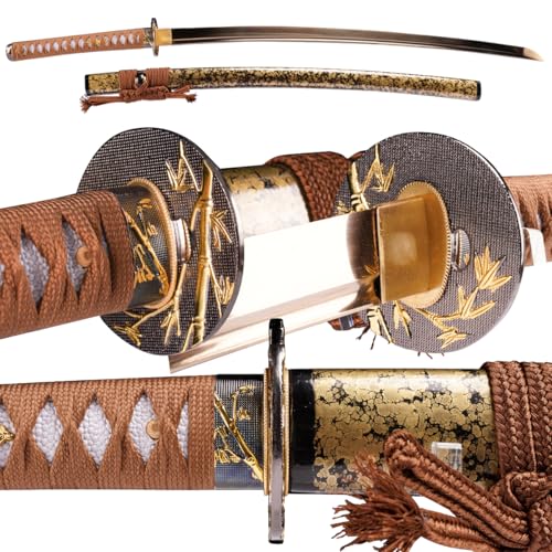 RedBlade-BK Japanese Samurai Katana Sword, 1060 High Carbon Steel Traditional Handmade, Blue Flame Full Tang, High-Performance/Razor-Sharp, Gifts for Men/Boys (Gold B, 28In)